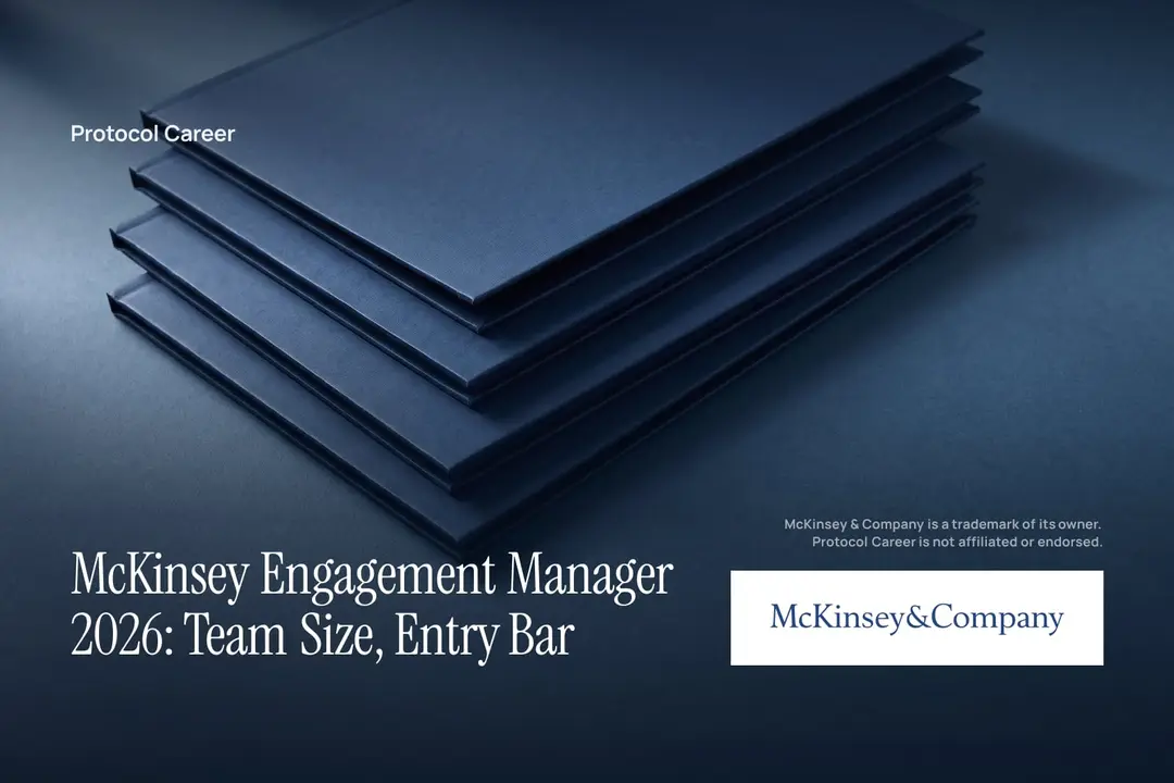Four blank matte navy folders neatly stacked on an empty deep blue surface under soft directional light. Title: “McKinsey Engagement Manager 2026: Team Size, Entry Bar”, over the Protocol Career wordmark. McKinsey & Company logo, lower right.
