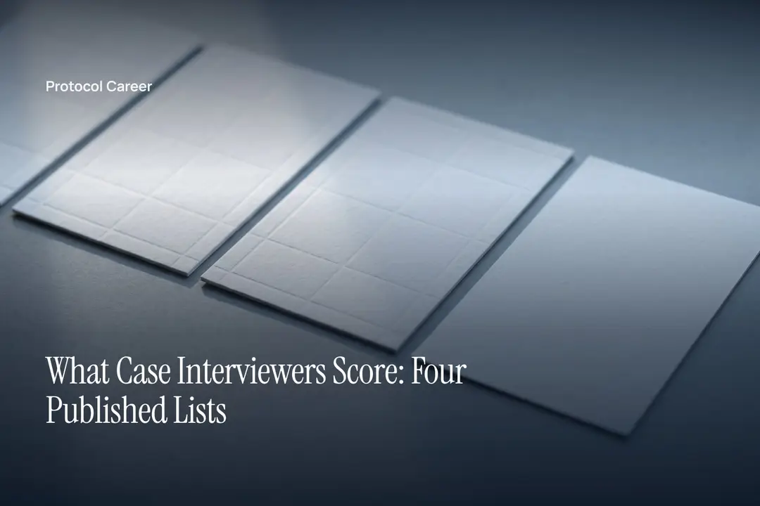 Four thick, blank cards with blind-debossed grid patterns lie neatly aligned on a smooth grey surface. Title: “What Case Interviewers Score: Four Published Lists”, over the Protocol Career wordmark.