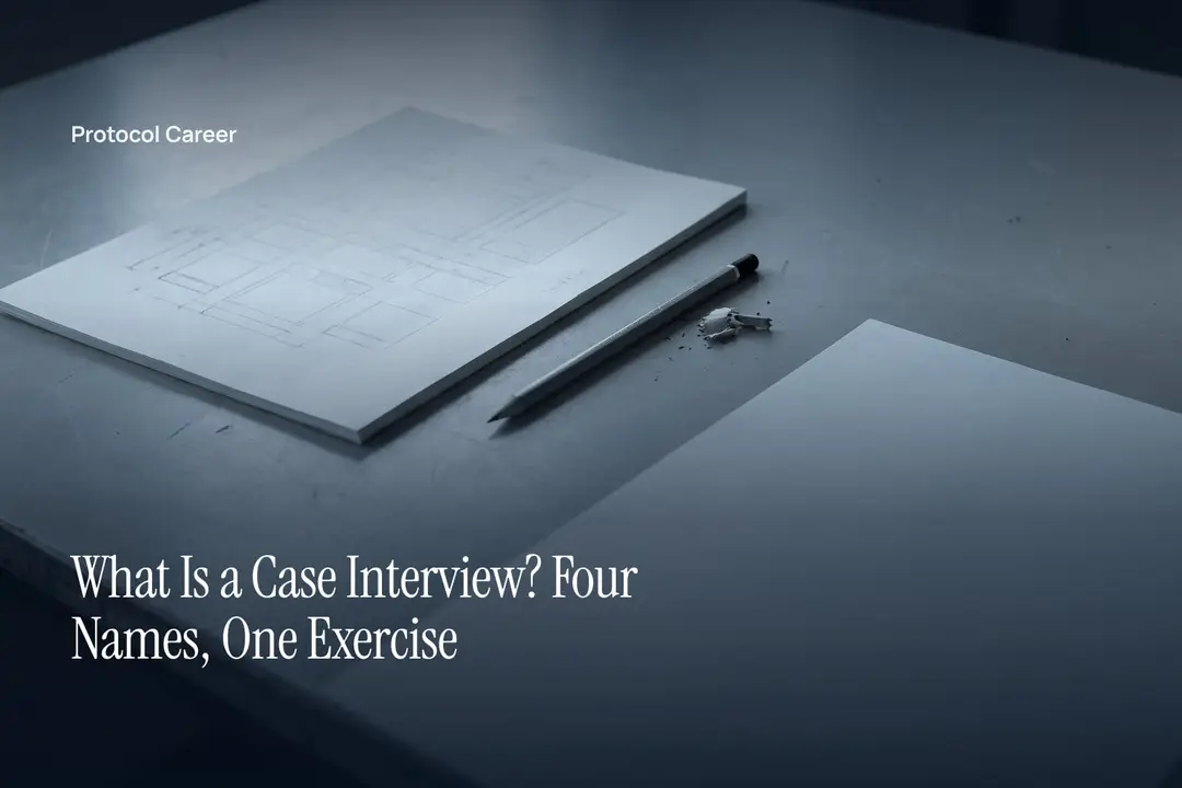 A graphite pencil resting beside a sheet of paper with faint hand-drawn structural boxes on grey stone. Title: “What Is a Case Interview? Four Names, One Exercise”, over the Protocol Career wordmark.