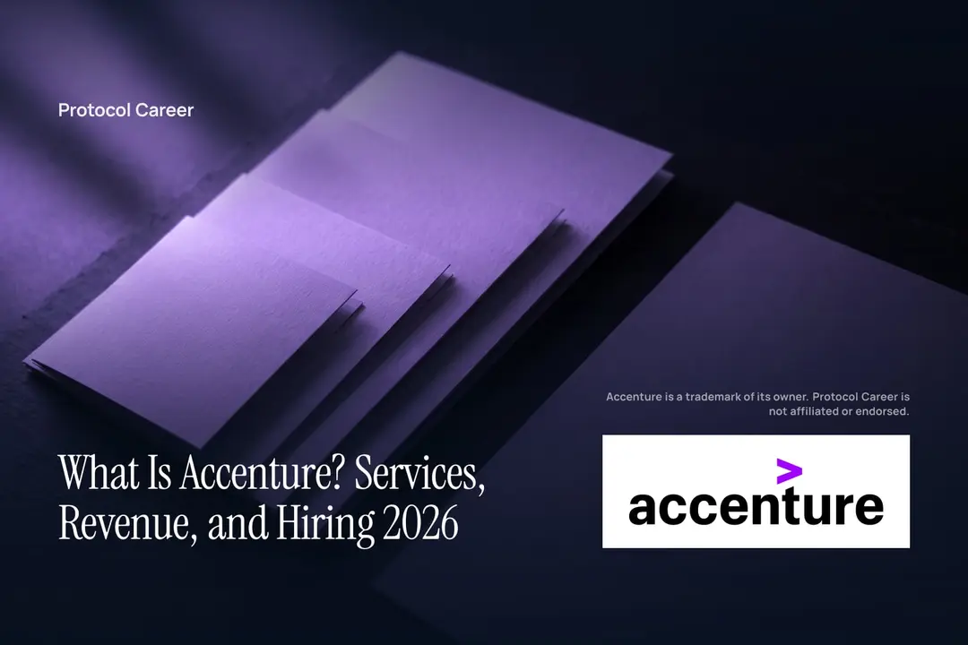 Five blank tabbed folders on a dark surface under subtle violet directional light. Title: “What Is Accenture? Services, Revenue, and Hiring 2026”, over the Protocol Career wordmark. Accenture logo, lower right.
