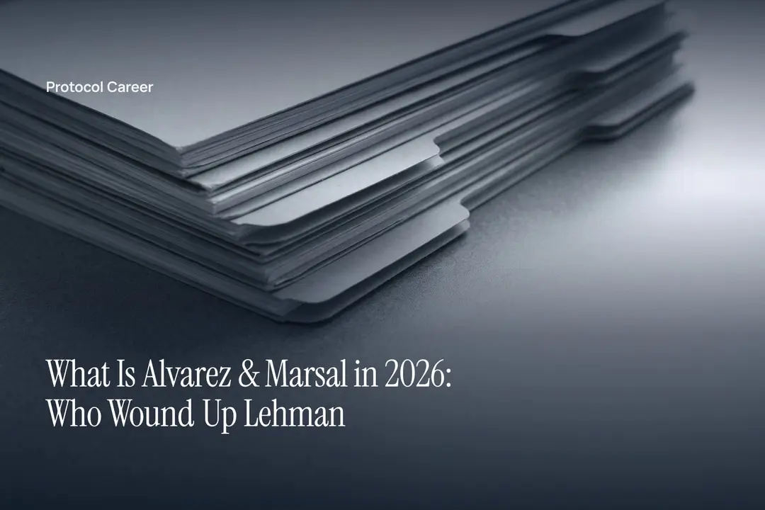 A neat, stepped stack of blank manila folders rests on a smooth grey surface under soft light. Title: “What Is Alvarez & Marsal in 2026: Who Wound Up Lehman”, over the Protocol Career wordmark.