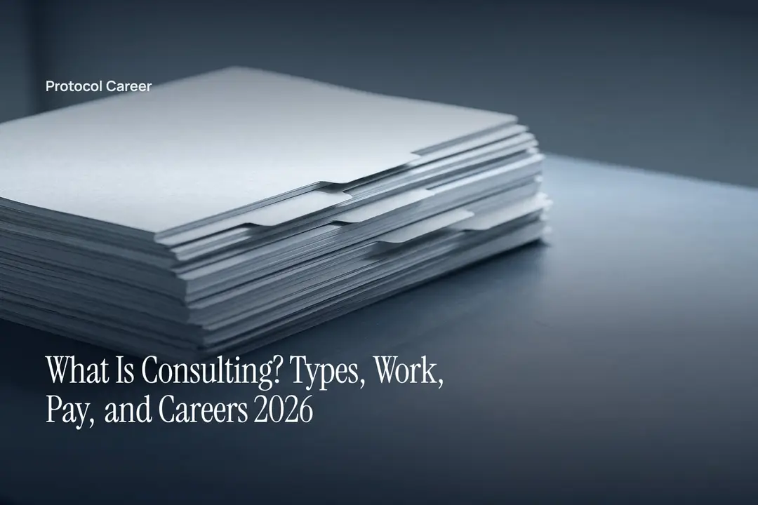 A stack of thick, blank paper folders with tabs sits on a slate surface in soft light. Title: “What Is Consulting? Types, Work, Pay, and Careers 2026”, over the Protocol Career wordmark.