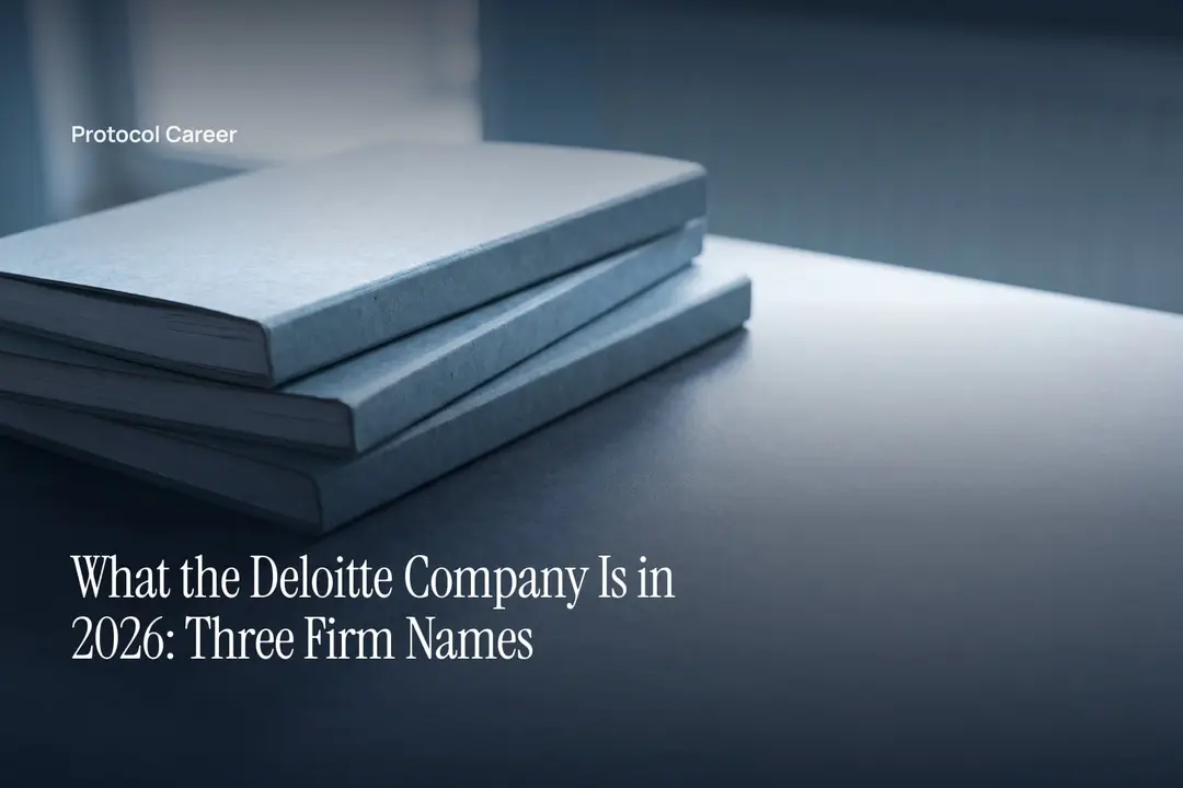 Three unprinted paper folios stacked neatly on a flat grey surface under soft directional light. Title: “What the Deloitte Company Is in 2026: Three Firm Names”, over the Protocol Career wordmark.