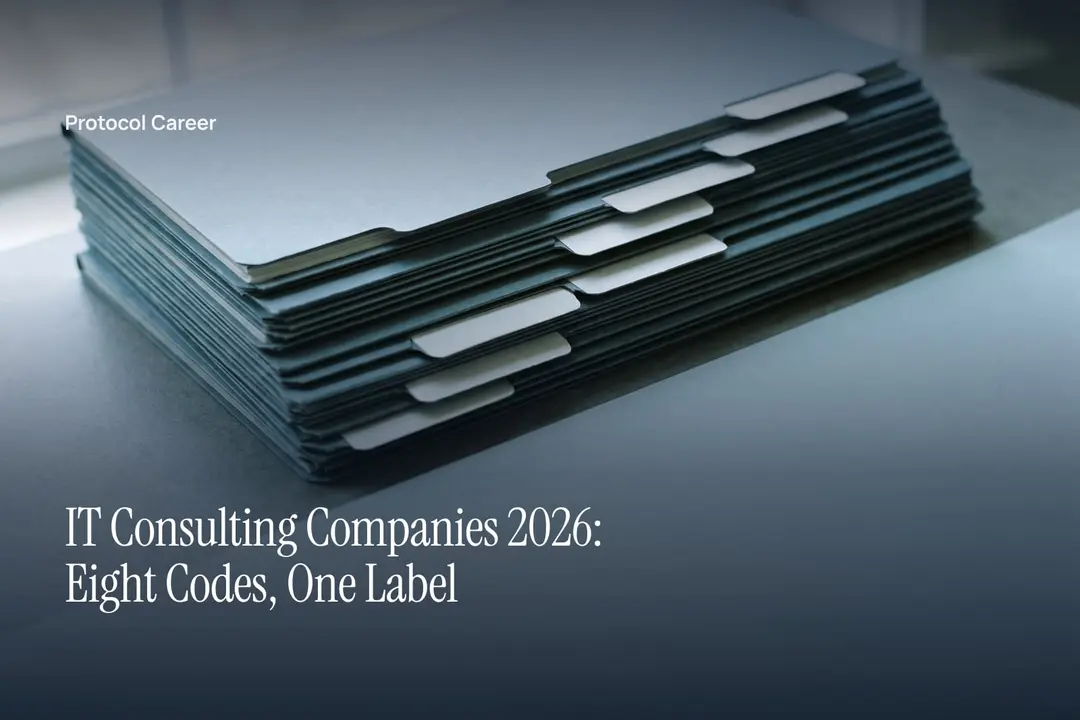 A stack of unprinted filing folders with eight staggered tabs resting on a muted stone surface. Title: “IT Consulting Companies 2026: Eight Codes, One Label”, over the Protocol Career wordmark.