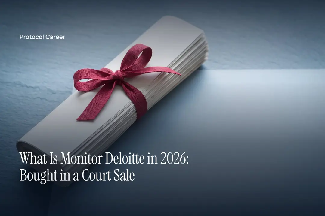 A thick bundle of blank legal papers tied with a red ribbon on a dark grey surface. Title: “What Is Monitor Deloitte in 2026: Bought in a Court Sale”, over the Protocol Career wordmark.