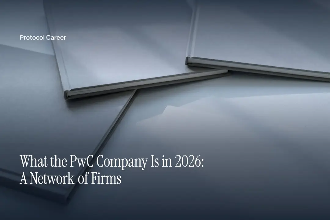 Three plain grey archival document folios neatly arranged on a white matte surface under soft light. Title: “What the PwC Company Is in 2026: A Network of Firms”, over the Protocol Career wordmark.