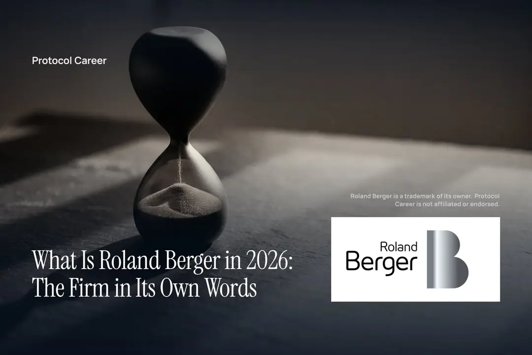 A matte black hourglass with fine grey sand rests on a dark slate surface under directional light. Title: “What Is Roland Berger in 2026: The Firm in Its Own Words”, over the Protocol Career wordmark. Roland Berger logo, lower right.