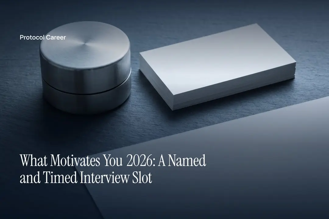 A minimalist unnumbered steel timer beside blank assessment paper on a dark matte stone surface. Title: “What Motivates You 2026: A Named and Timed Interview Slot”, over the Protocol Career wordmark.