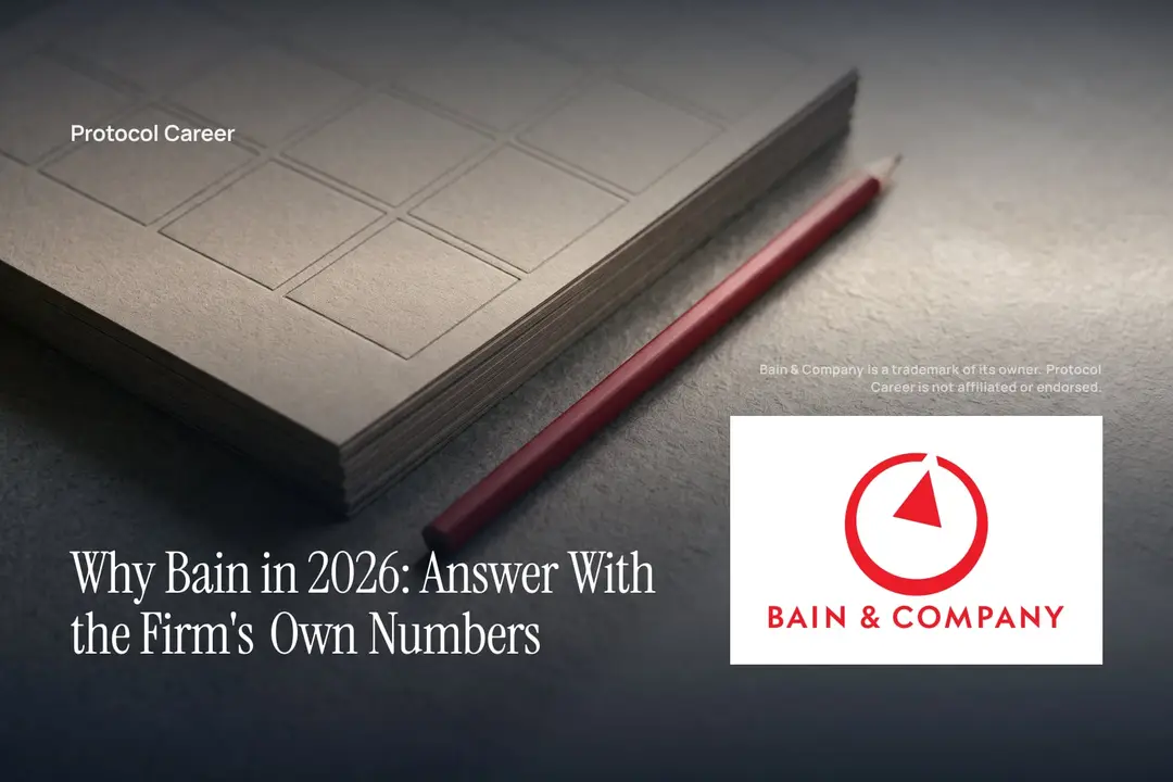 A tidy stack of debossed scoring cards and a matte red pencil on a dark graphite tabletop. Title: “Why Bain in 2026: Answer With the Firm's Own Numbers”, over the Protocol Career wordmark. Bain & Company logo, lower right.