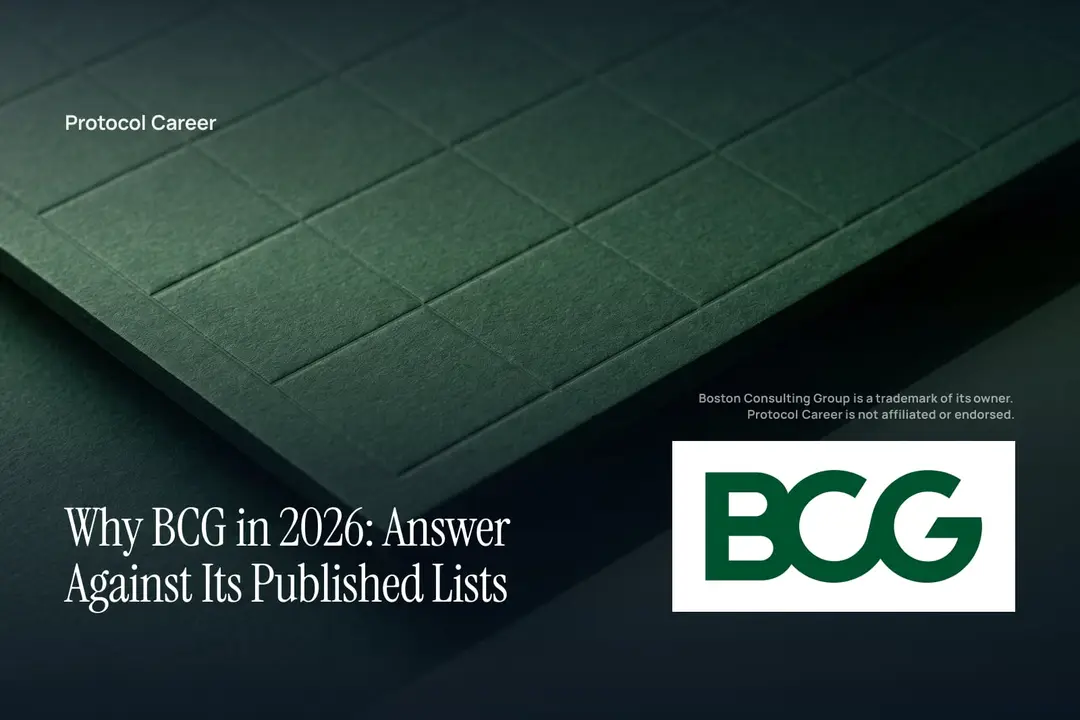 A debossed paper grid sheet lit softly against a deep forest green surface with open copy space. Title: “Why BCG in 2026: Answer Against Its Published Lists”, over the Protocol Career wordmark. Boston Consulting Group logo, lower right.
