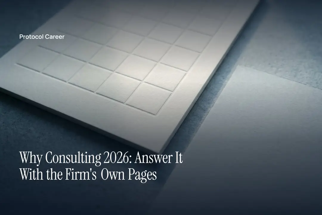 A single sheet of heavy cream paper with a debossed blank grid sits on a grey stone surface. Title: “Why Consulting 2026: Answer It With the Firm's Own Pages”, over the Protocol Career wordmark.