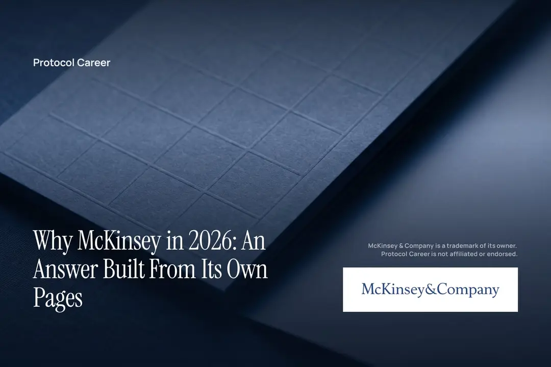 A blank debossed grid sheet resting on a dark navy surface in soft institutional lighting. Title: “Why McKinsey in 2026: An Answer Built From Its Own Pages”, over the Protocol Career wordmark. McKinsey & Company logo, lower right.