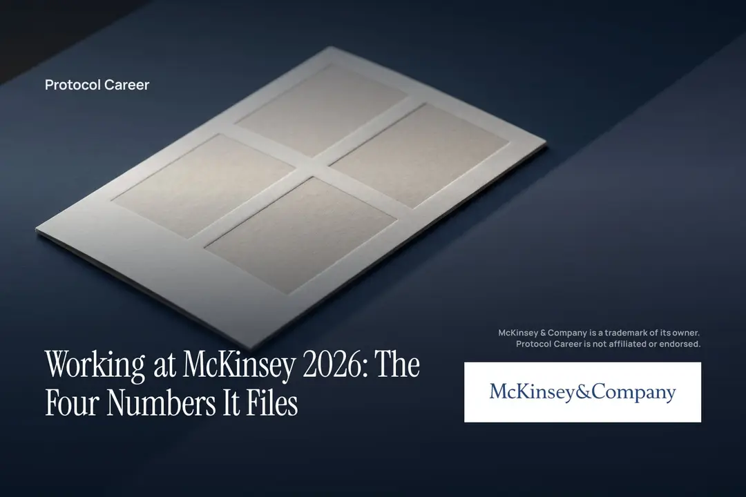 A debossed paper grid with four filled squares rests on a dark navy background. Title: “Working at McKinsey 2026: The Four Numbers It Files”, over the Protocol Career wordmark. McKinsey & Company logo, lower right.