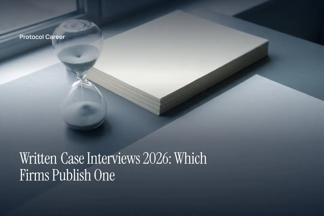 A clear glass sand timer stands beside a thick, neat stack of blank paper on a grey surface. Title: “Written Case Interviews 2026: Which Firms Publish One”, over the Protocol Career wordmark.