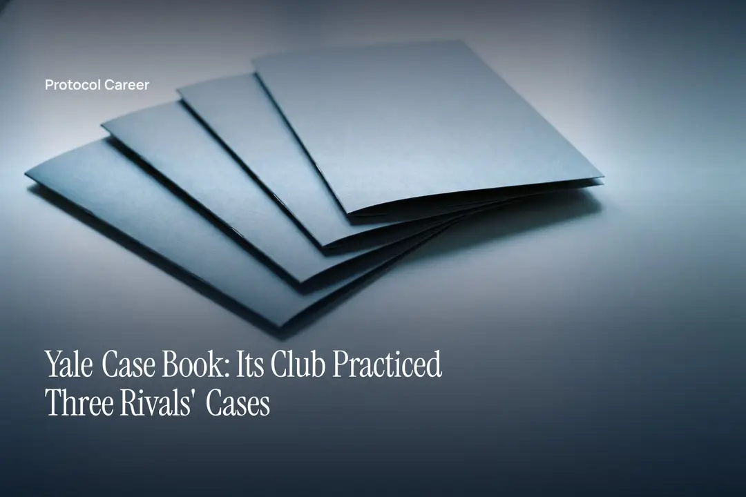 Four plain cardstock folders arranged neatly on a grey slate surface with soft directional side lighting. Title: “Yale Case Book: Its Club Practiced Three Rivals' Cases”, over the Protocol Career wordmark.